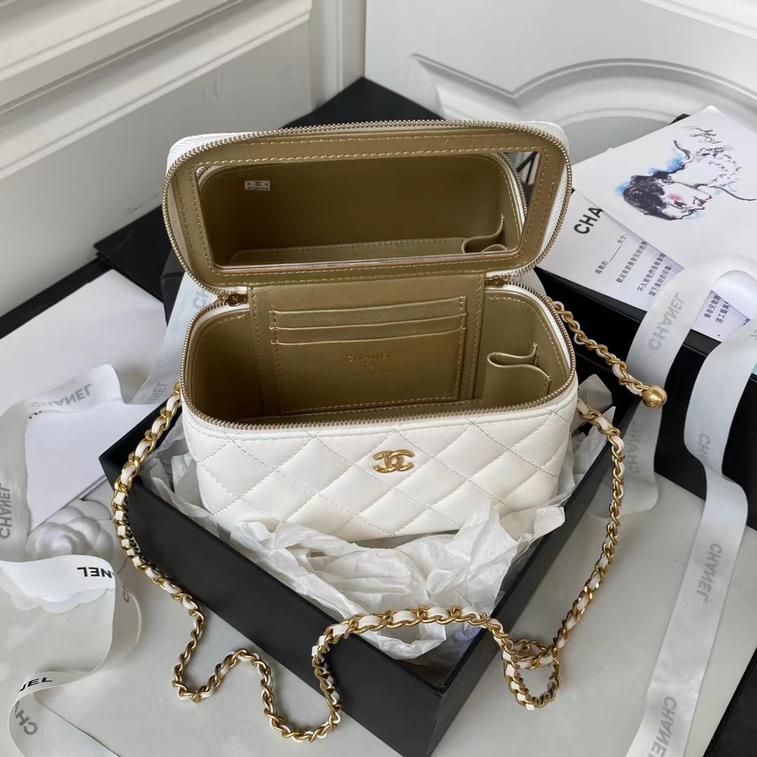 TOP CHANEL Vanity Case Top Bag with Gold Ball 17x9.5x8cm - White
