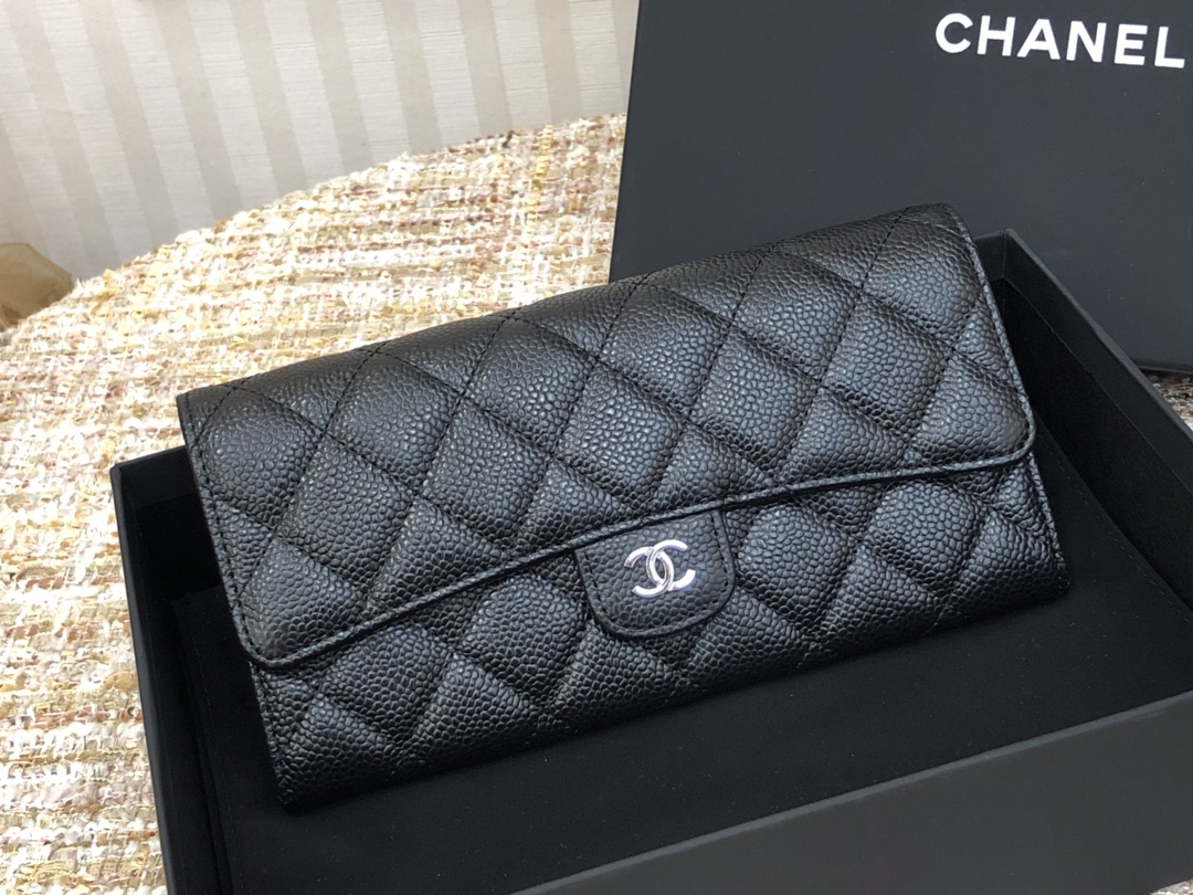 TOP CHANEL Long Folding Caviar Wallet 19cm - Black - SHW