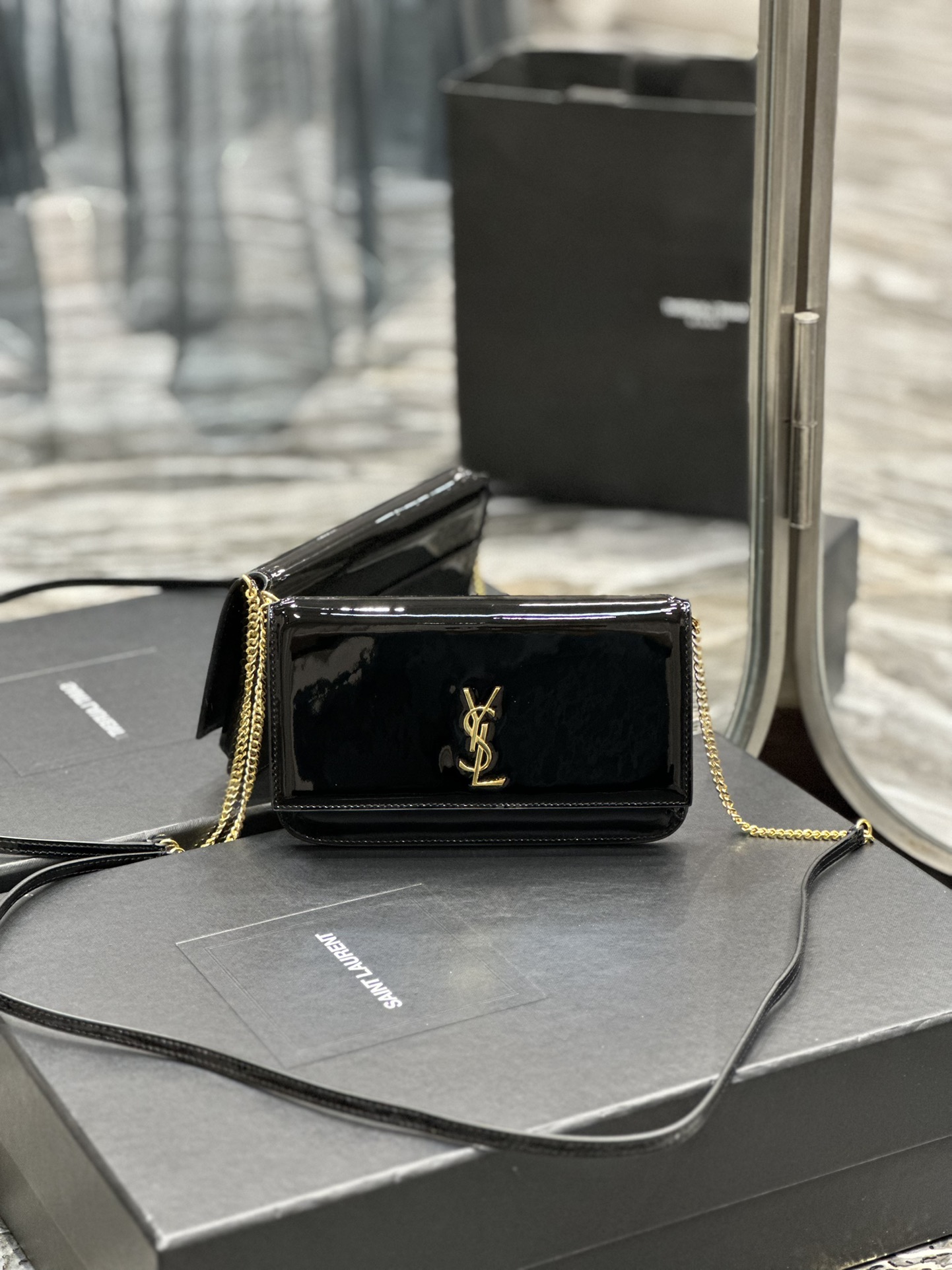 TOP Yves Saint Laurent YSL Monogram Phone Holder MINI Bag - BLACK & GHW - Patent Leather