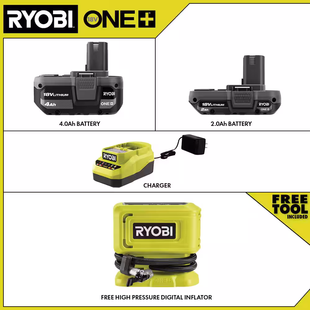 ONE+ 18V Cordless High Pressure Inflator with 2.0 Ah Battery, 4.0 Ah Battery, and Charger
