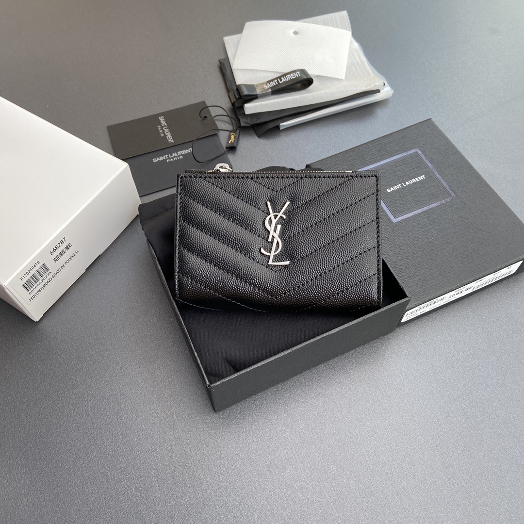 TOP Yves Saint Laurent YSL Calfskin Matelasse Wallet 12x10x3cm - Black & SHW/GHW