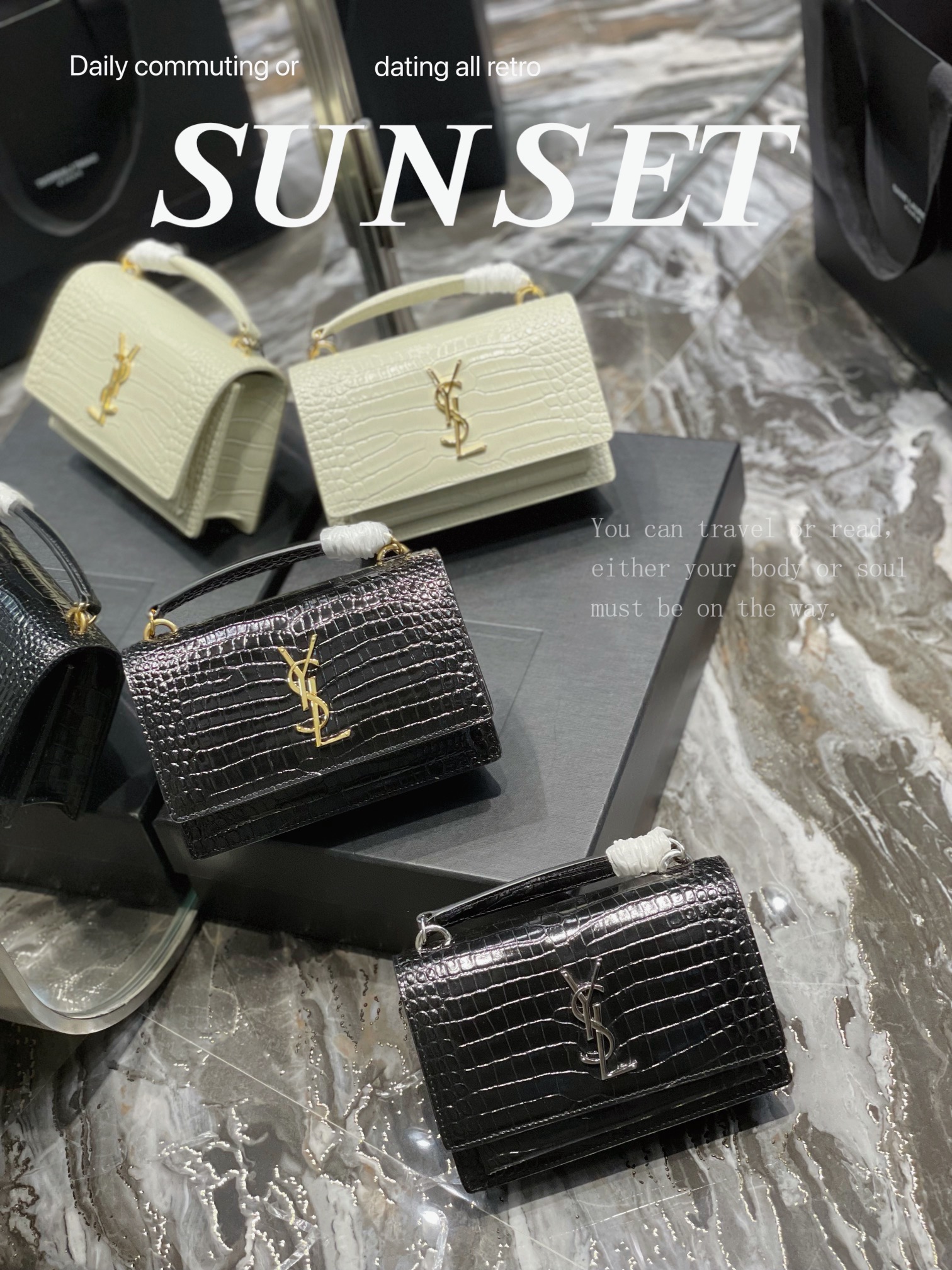 TOP Yves Saint Laurent YSL Crocodile Sunset Shoulder Bag -  SHW&GHW - 2 Color