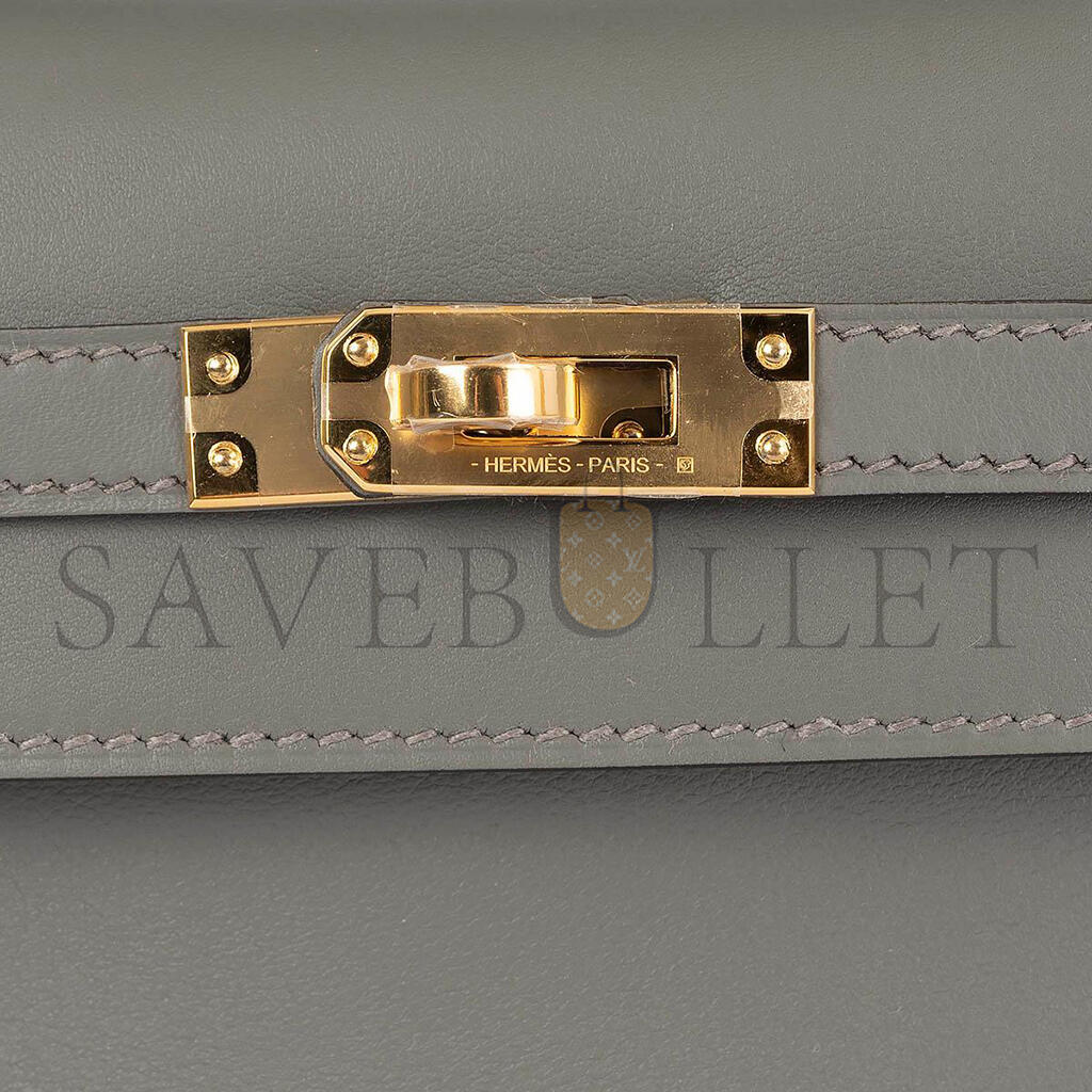 HERMÈS GRIS MEYER GRAY SWIFT LEATHER KELLY POCHETTE CLUTCH BAG W GOLD (22*14*7cm)
