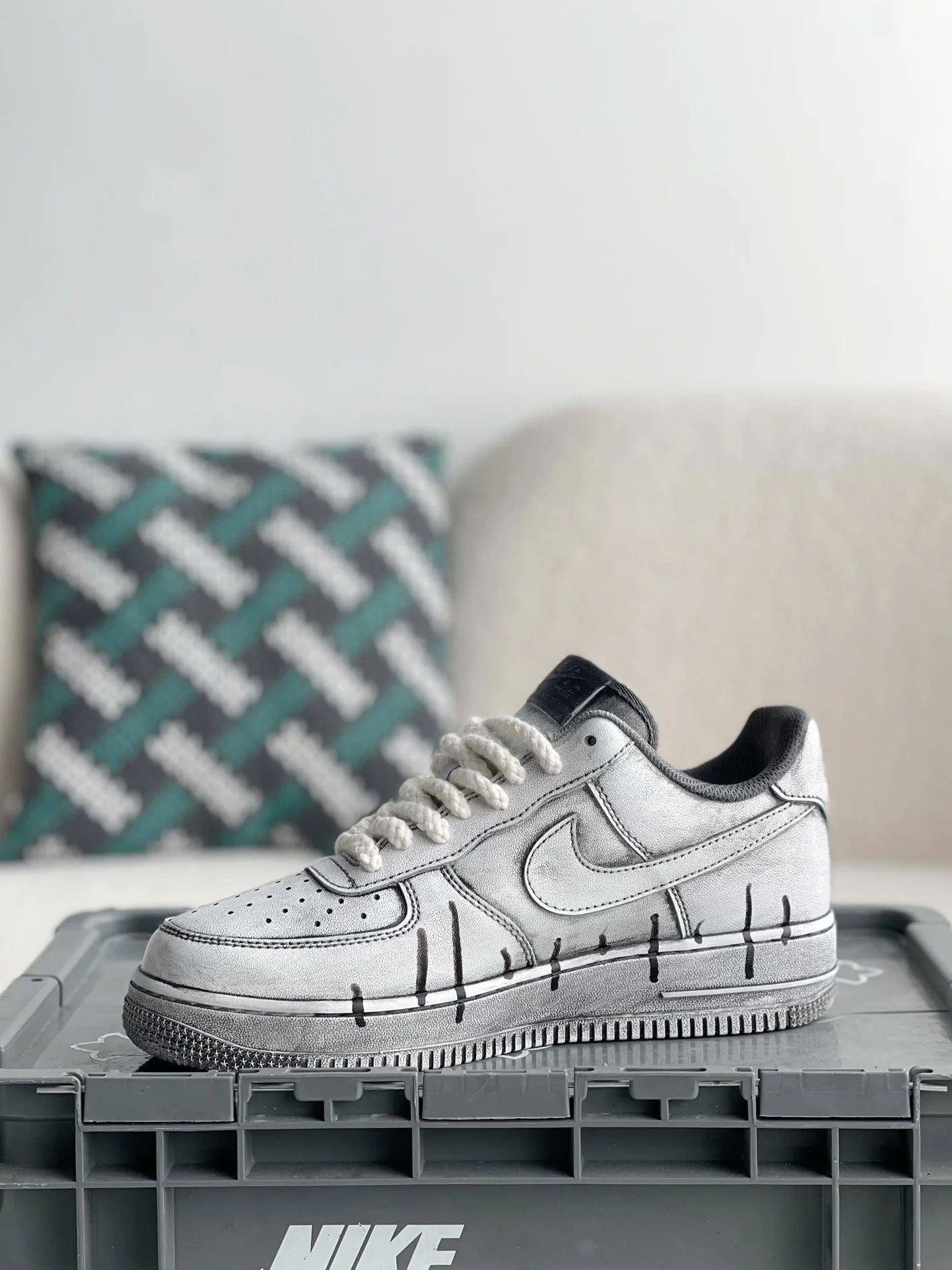 AAAShose Nike Air Force 1 Custom Vintage Gray Cross Graffiti Sneakers, Distressed Hand-Painted Streetwear Low Top Shoes