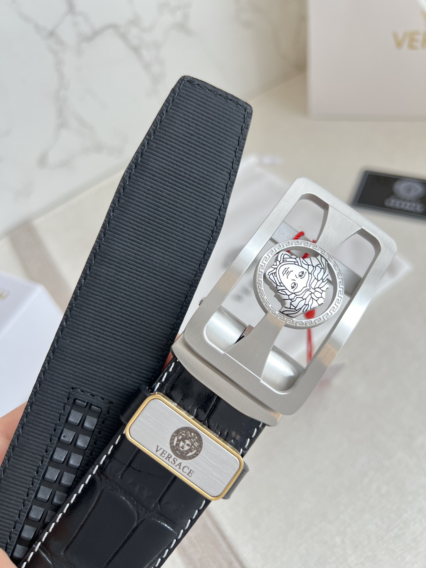 VERSACE Hollow Square Medusa Automatic Buckle Belt, Crocodile Embossed Leather Belt For Men