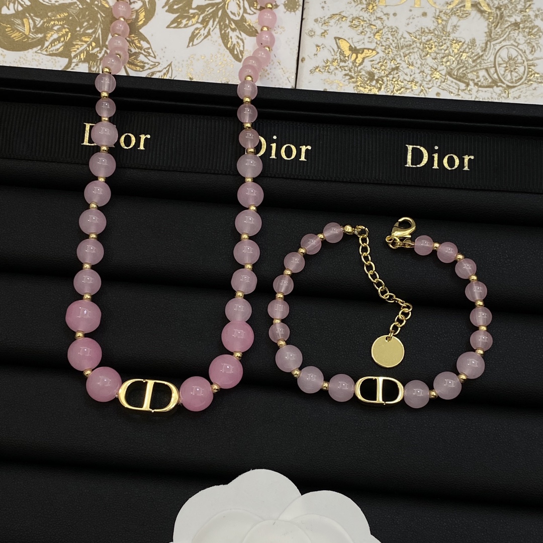 TOP Christian Dior Logo Bracelet + Necklace Set - Pink