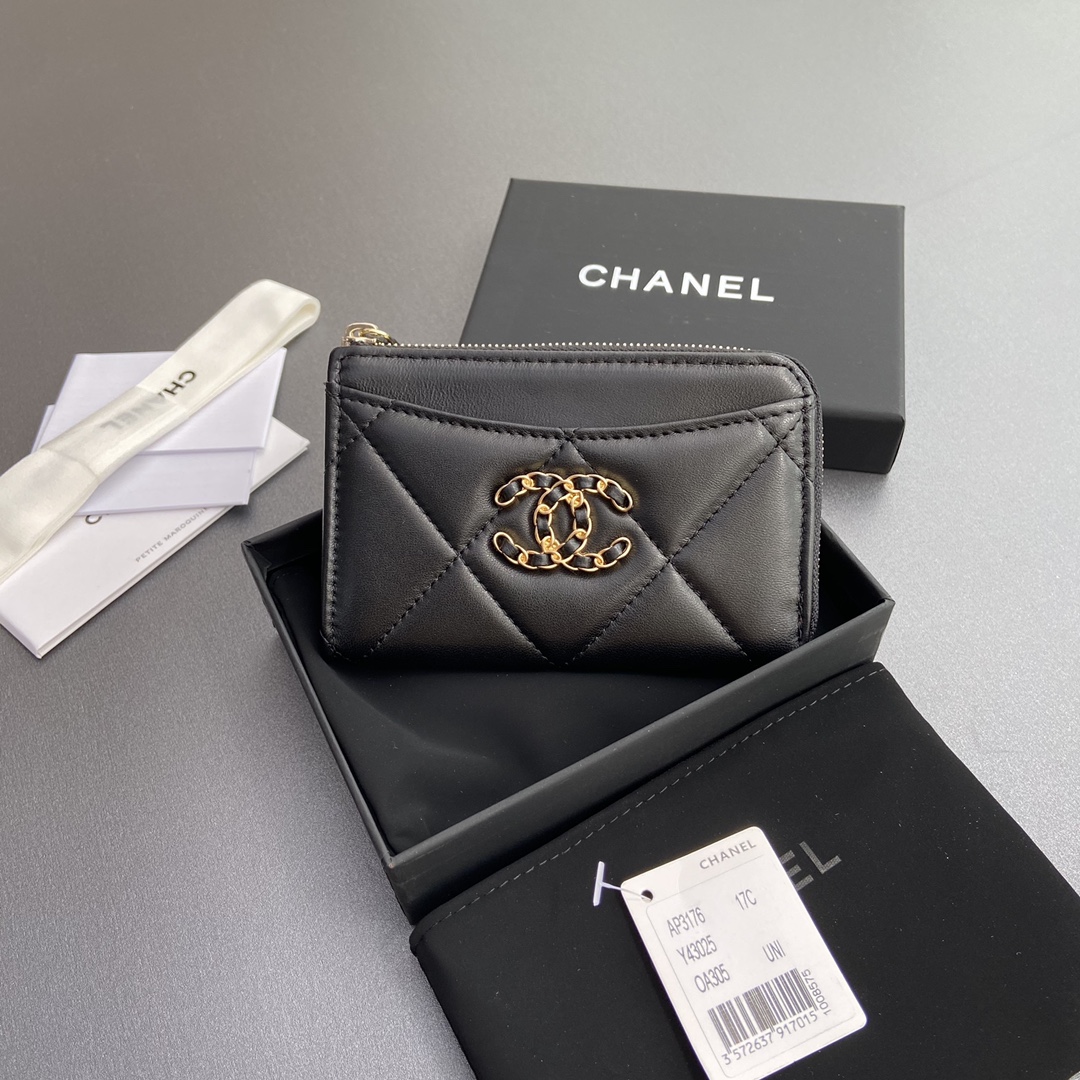TOP CHANEL Mini Zipper Card Holder 13x9x2cm - Black