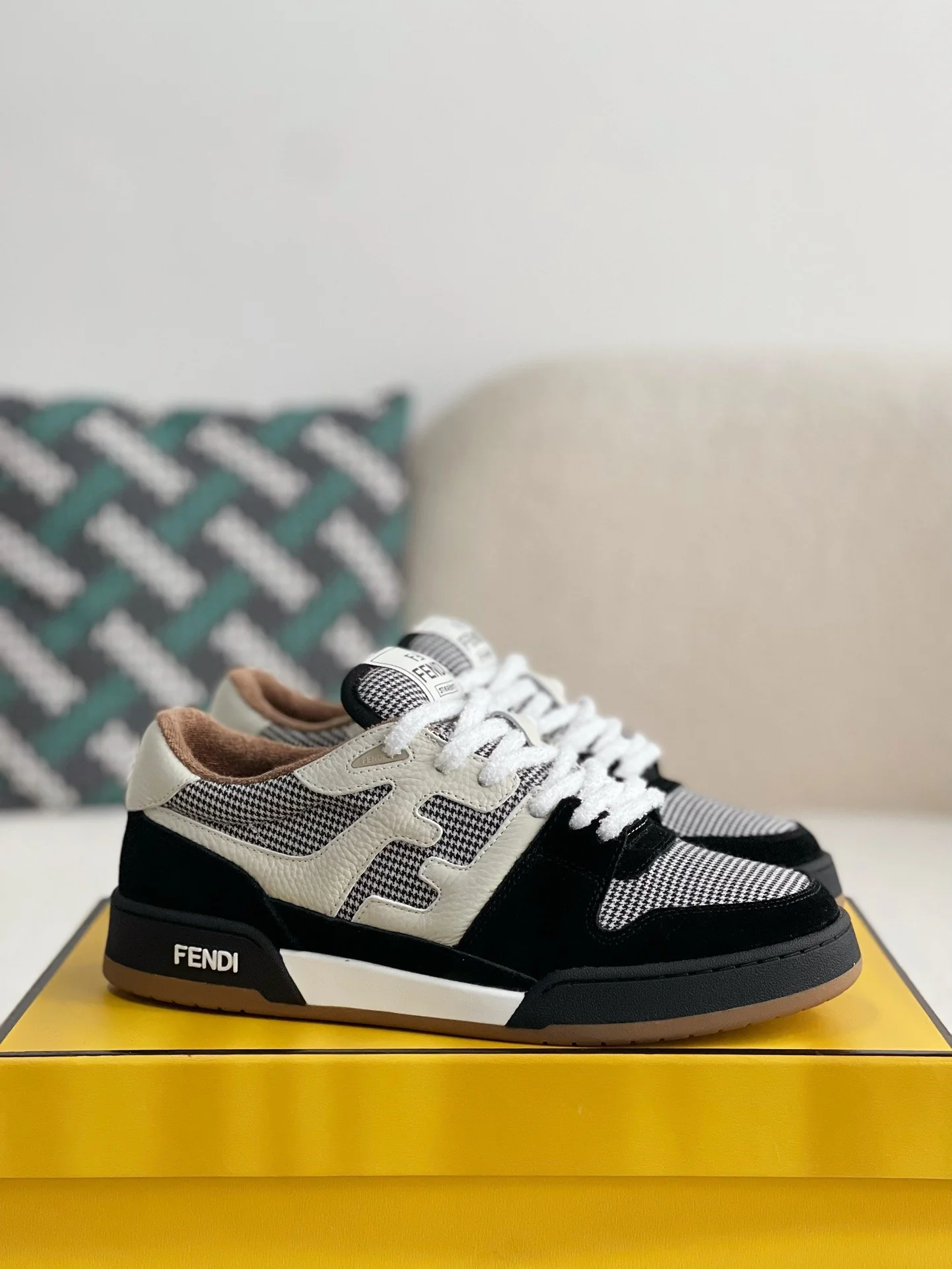 WWWShoes Men Houndstooth Patchwork Low Top Sneakers Suede Leather Mixed Panel Casual Skate Shoes