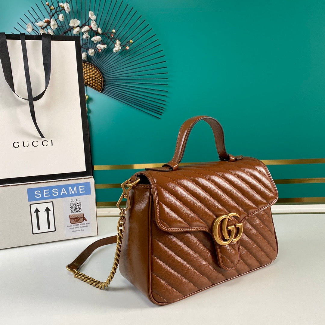 TOP GUCCI G*G Marmont Medium Top Handle Bag 27*13.5*10 - Brown