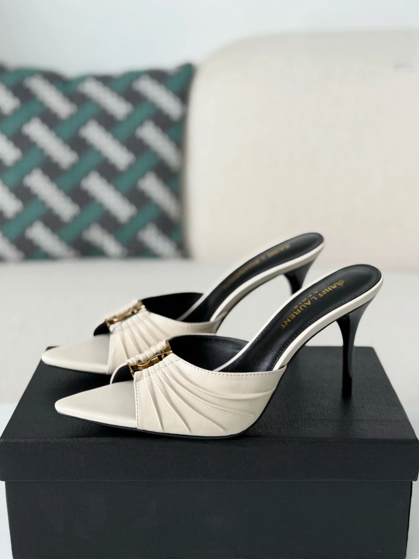 AAASandal Women Luxury Ruched Leather Stiletto Mules Point Open Toe Slide Heel Sandals With Gold Logo