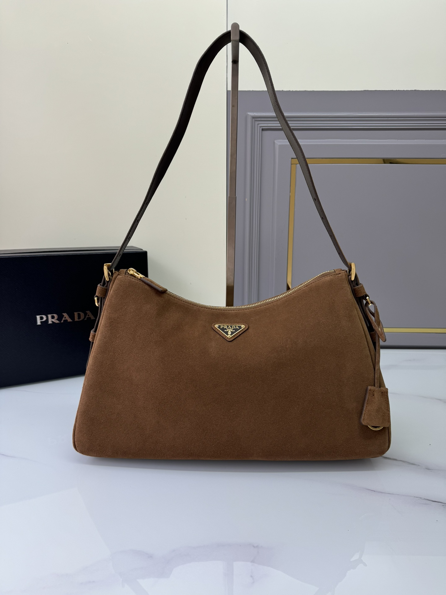 TOP PRADA Suede Calfskin Hobo Bag 39x24x11.5cm - Brown