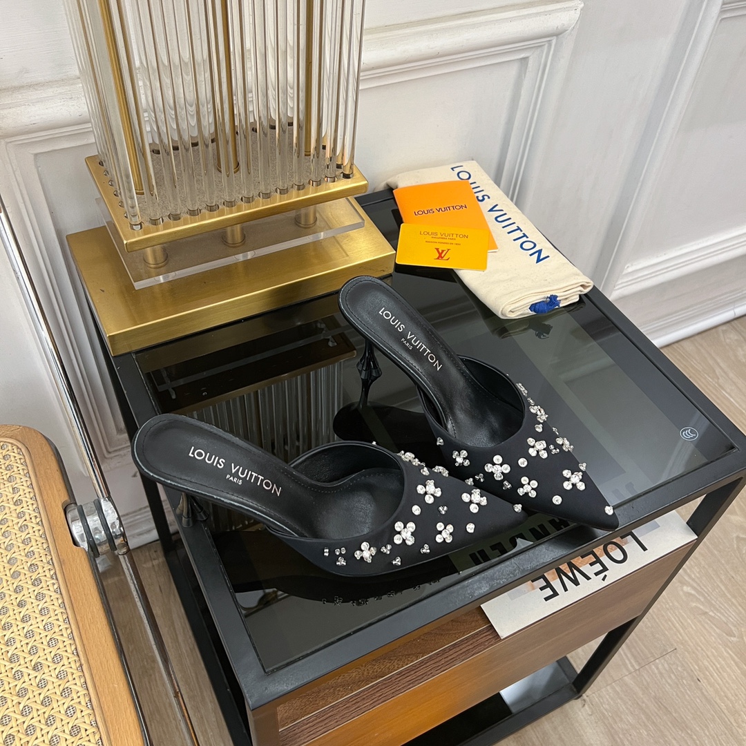 TOP Louis Vuitton LV 5.5cm/7.5cm High-heeled Slingback Slippers with Hand-sewn Diamond Pointed - Black