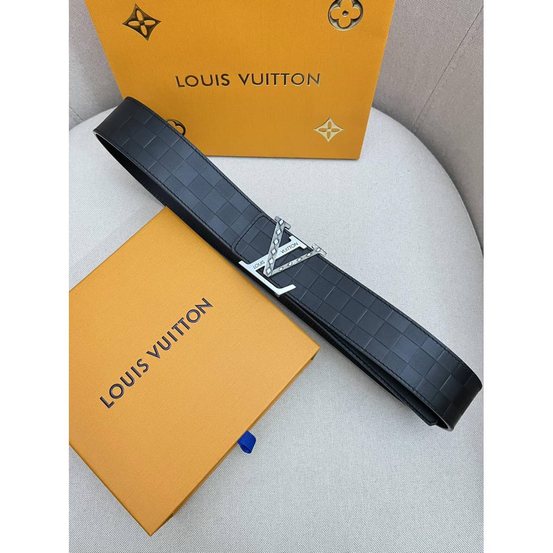 Lv Plaid Calfskin Pure Steel Men's Belt