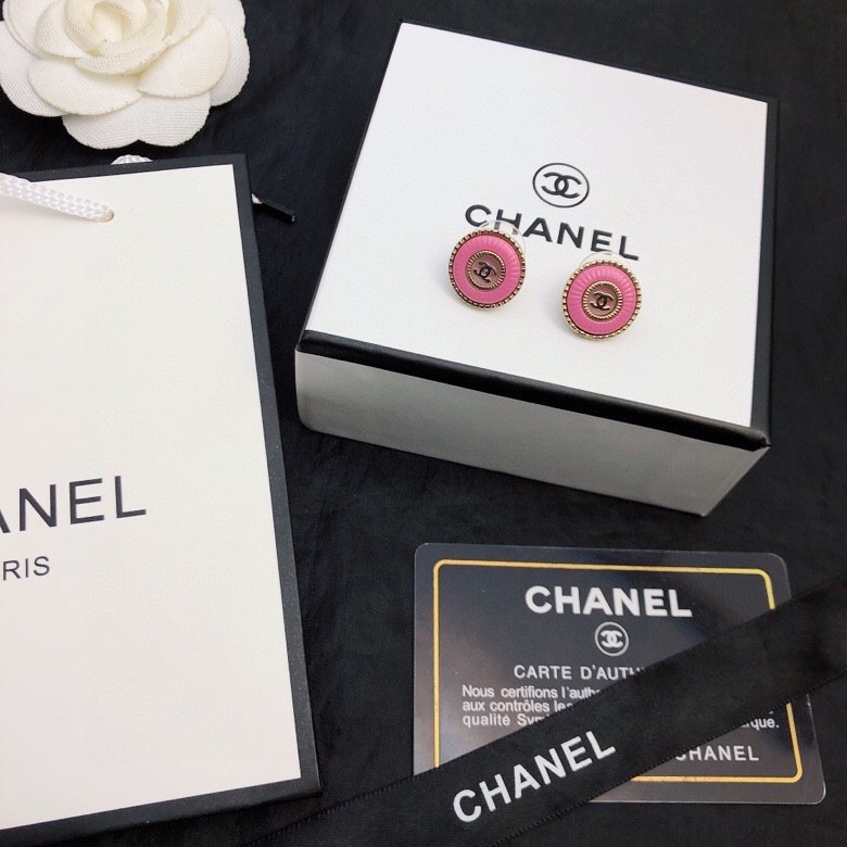 TOP CHANEL Double C Metal Round Stud Earrings - Pink
