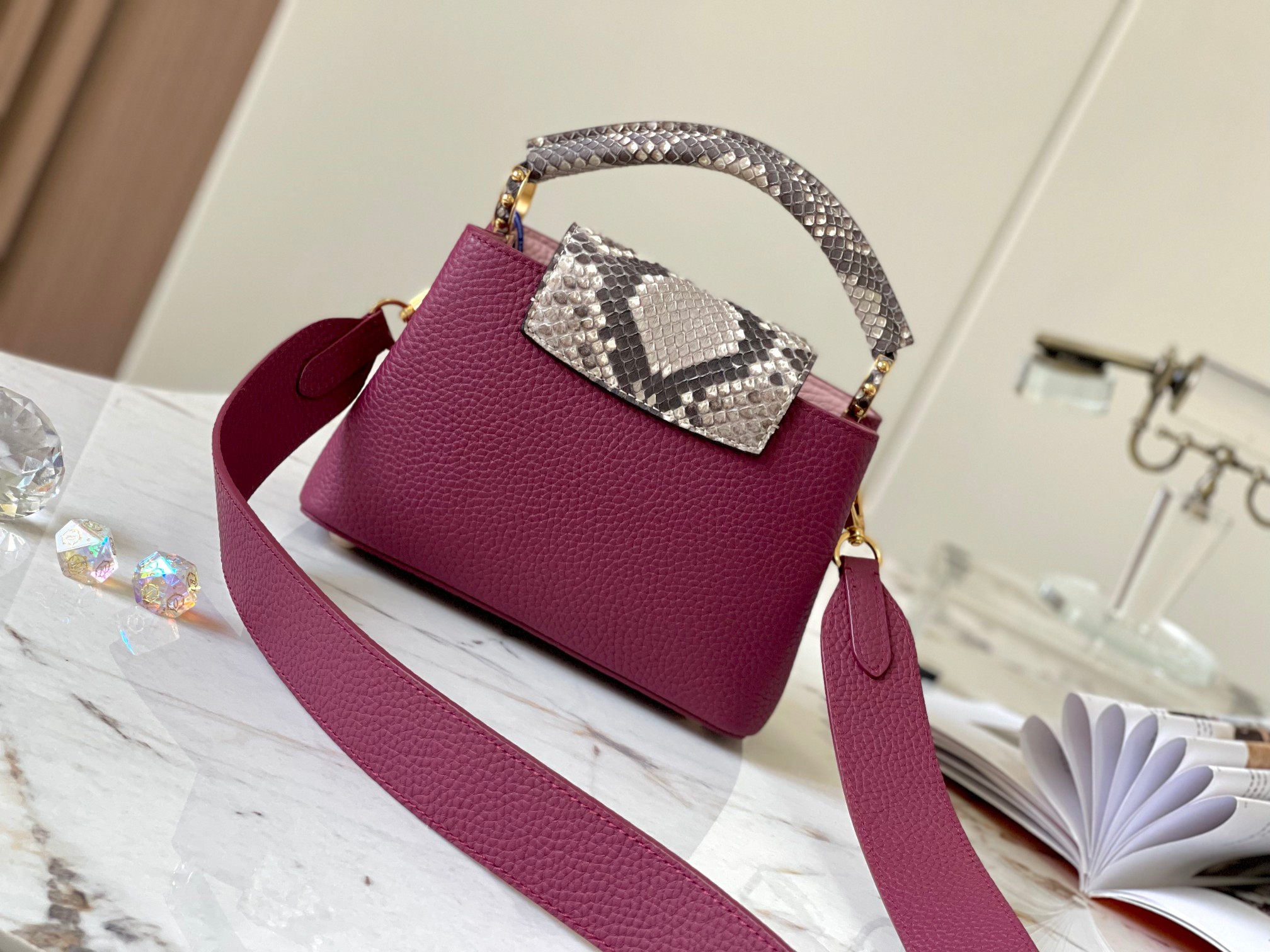 TOP Louis Vuitton LV Capucines Bag 2 Sizes - Purple with Paris Pink Python Gold Buckle
