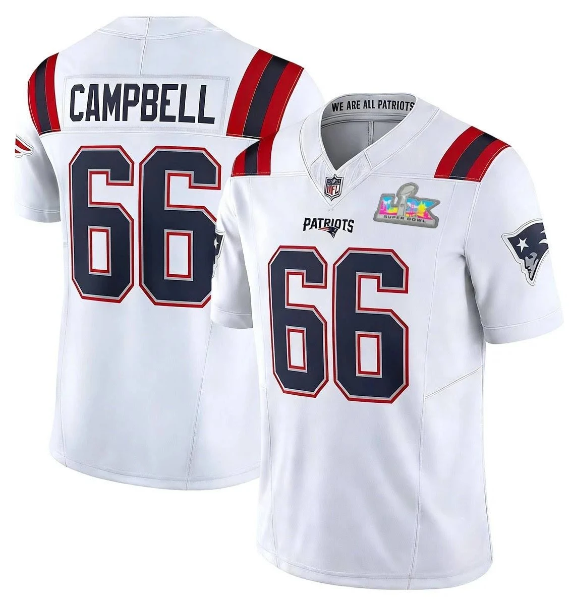 Men's New England Patriots Will Campbell Super Bowl LX Patch Jersey - White