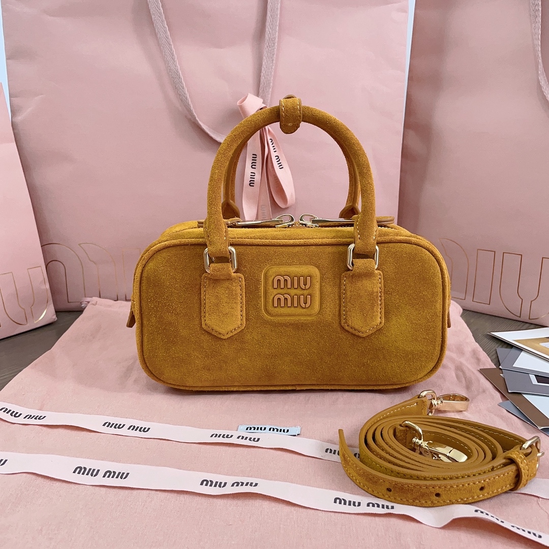 TOP Miu Miu Arcadie Suede Top Handle Bag 22x10.5x7.5cm/27x12x9cm - Yellow,  Brown