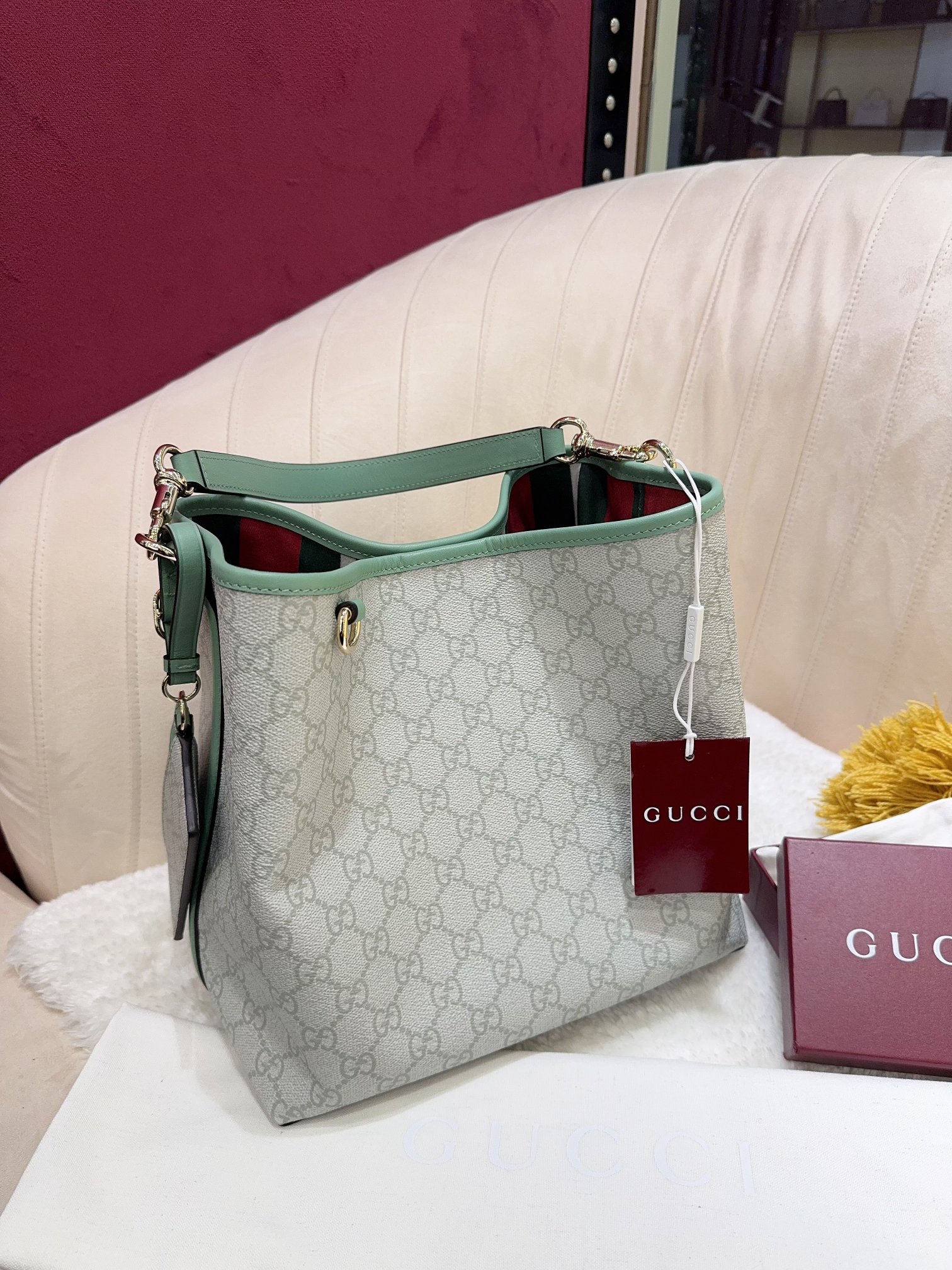 TOP GUCCI GG Emblen Bucket Bag 25x25x15.5cm Cowhide - Gray&Green