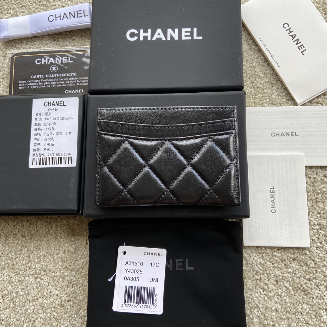 TOP CHANEL Cardholder Lambskin 11x7.5cm - Black & GHW/SHW