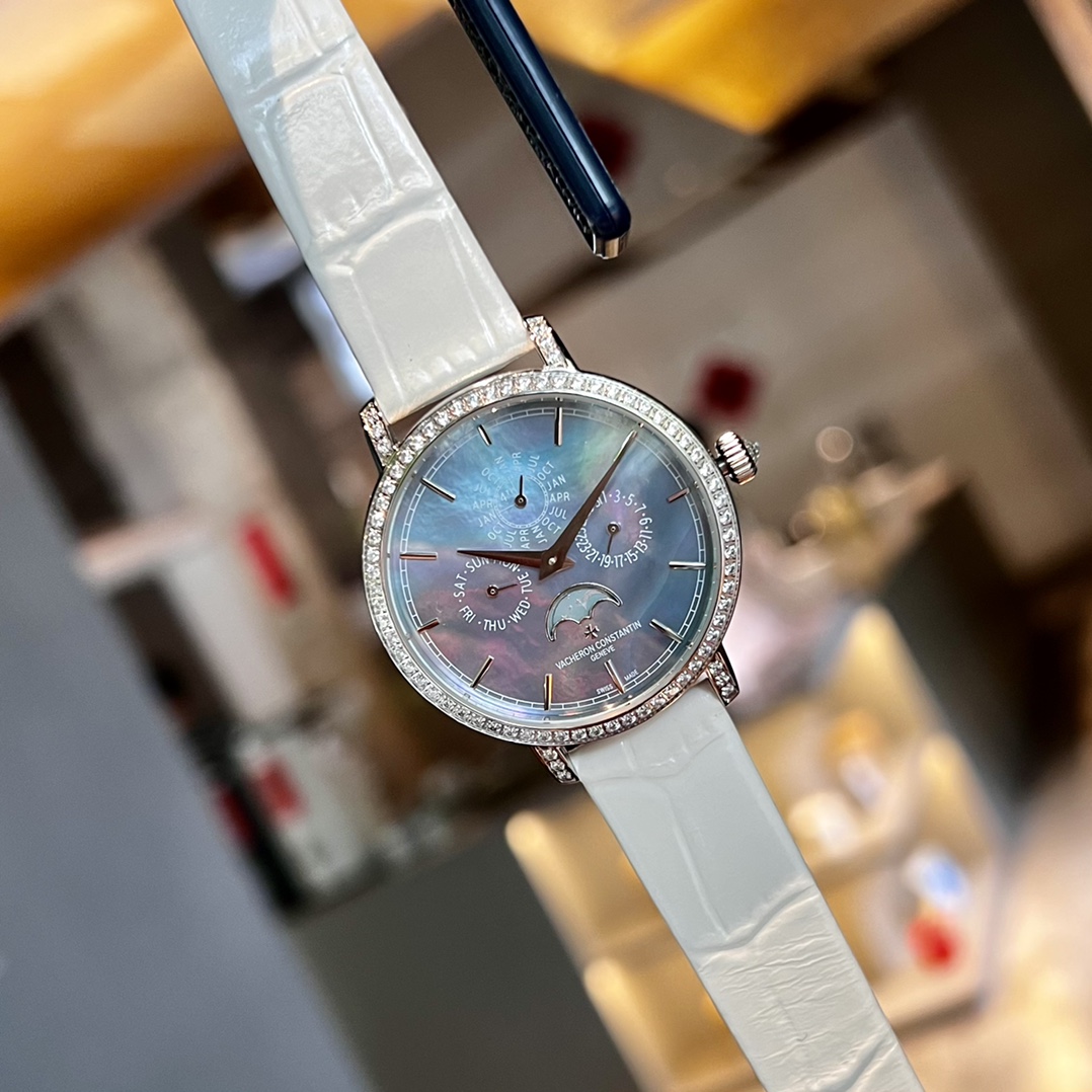 Vacheron Constantin Moon Phase Watch, Ladies MOP Dial Diamond Bezel Croc-Embossed Leather Strap Luxury Wrist Watch