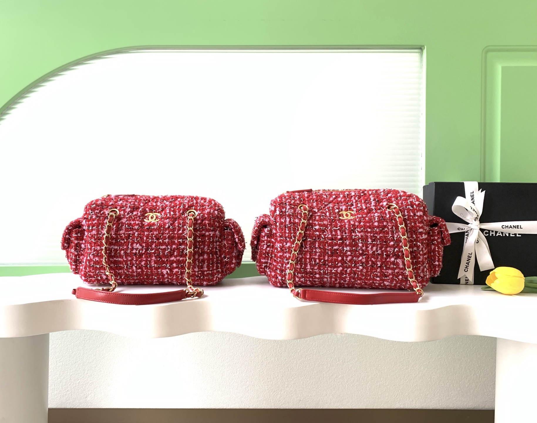 TOP CHANEL  Bowling Bag 15.5-24-11.5cm/18.5-27-13.5cm  - Red