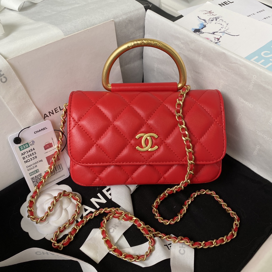 TOP CHANEL Metal Bracelet Flip Phone Trendy Bag Raised Logo 9 × 17.2 × 3.5 cm - Red