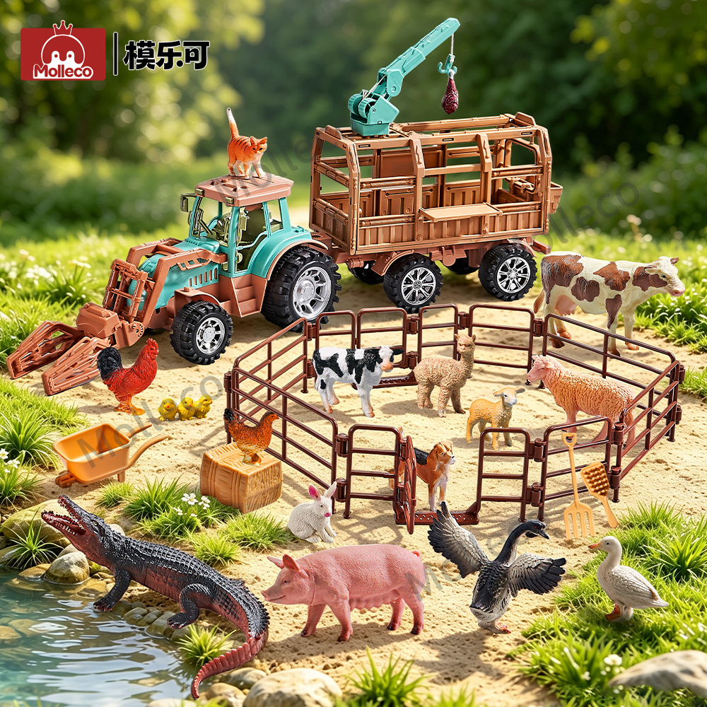 Molleco Animal Figure Toy Set for Kids and Children ST077 16 Animals + Farmer + Animal Car + Props
