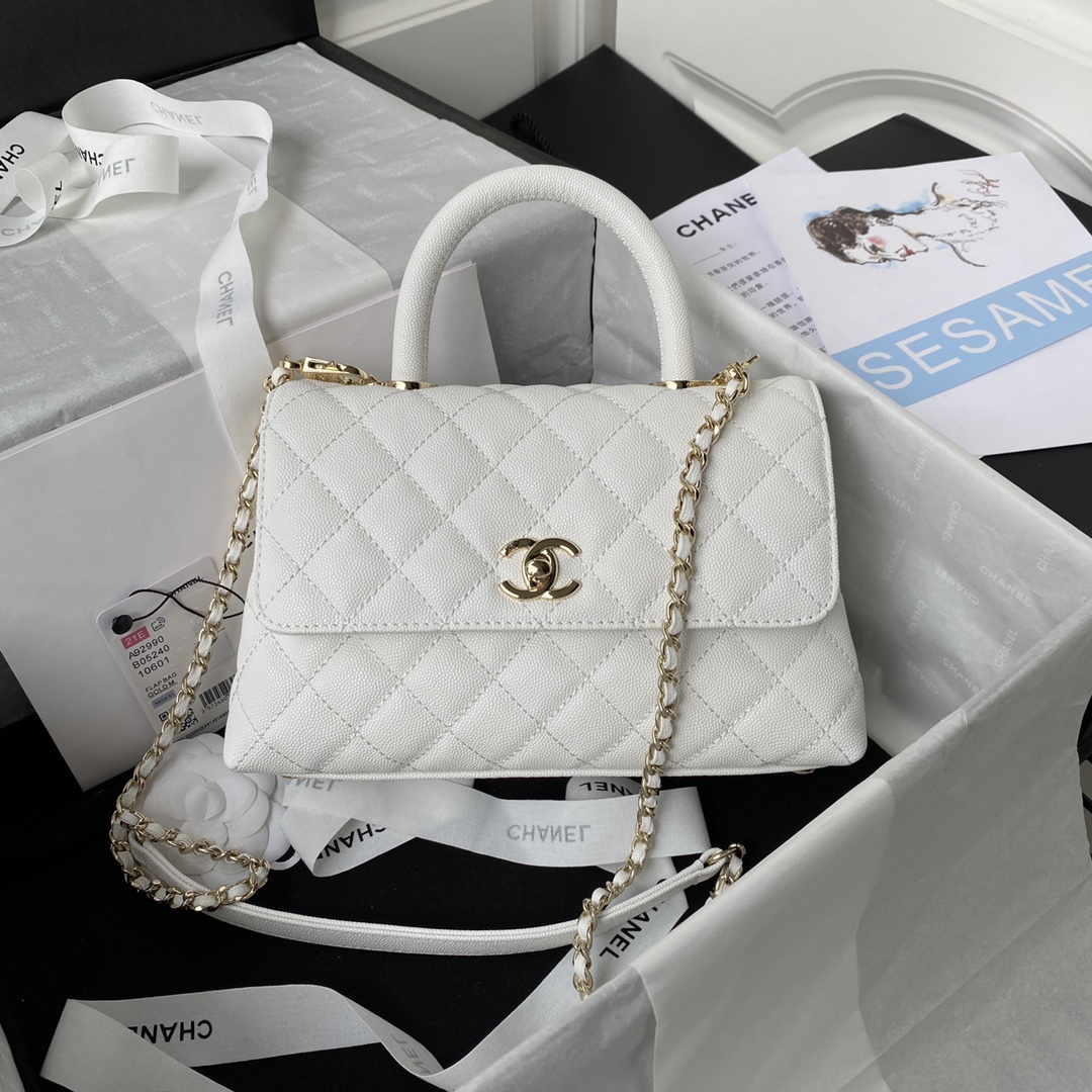 TOP CHANEL CoCo Handle Bag Carviar Medium 23cm - White & GHW
