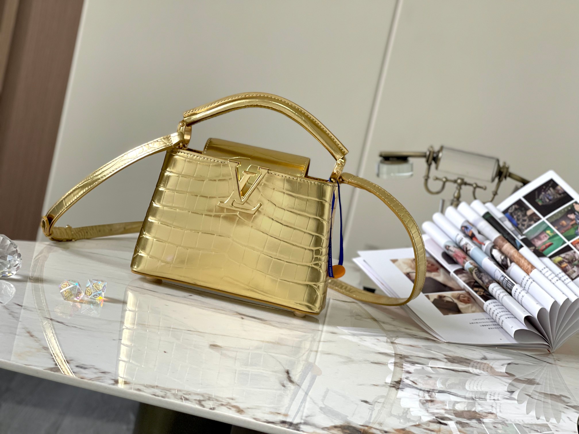 TOP Louis Vuitton LV Capucines Bag - Gold glossy with crocodile buckle