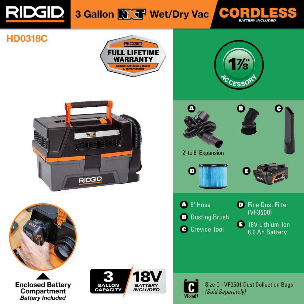 3 Gallon 18-Volt Cordless Handheld NXT Shop Vac Wet Dry Vacuum with Filter, Hose, Accessories and 8.0 Ah Battery