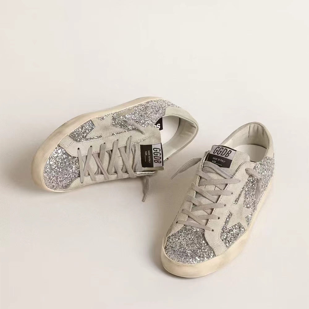 Golden Goose Silver glitter Super-Star with ice grey suede star pattern (Replica)