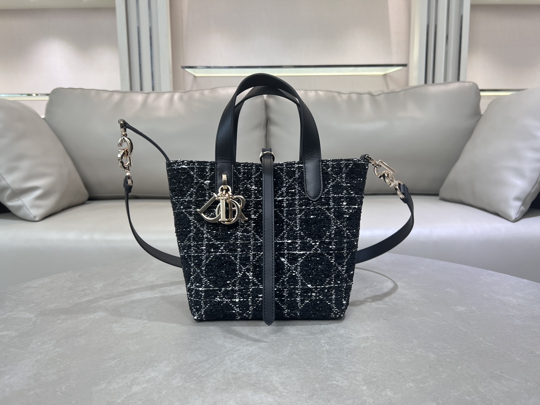 TOP Christian Dior Toujours Bag Tweed 16x18x12cm/23x25x11cm - Black