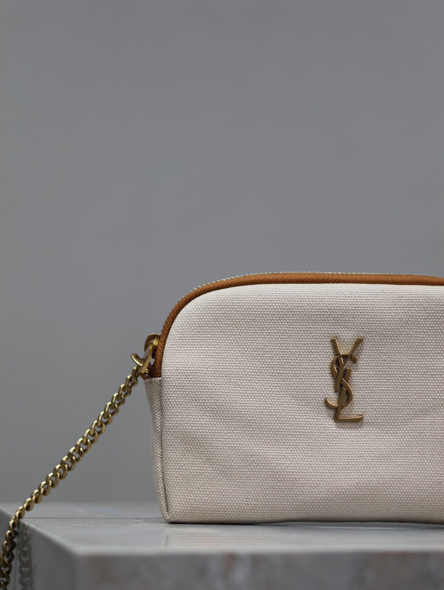 TOP Yves Saint Laurent YSL Gaby Bag Canvas 19x3x3.5cm - Beige&GHW