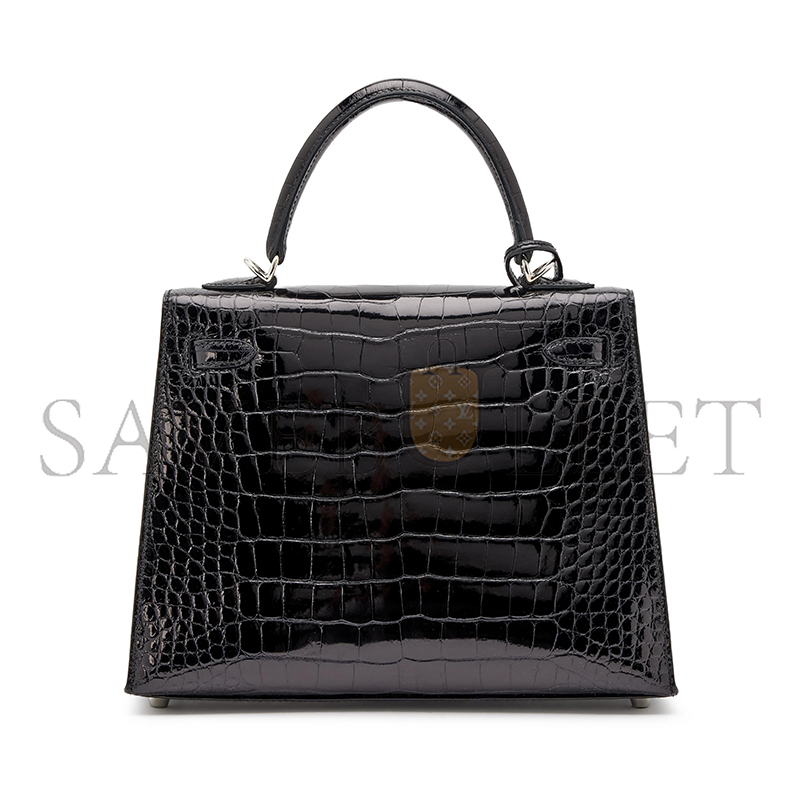 HERMÈS BLACK SHINY ALLIGATOR KELLY 25 SELLIER PALLADIUM HARDWARE (25*17*7cm)