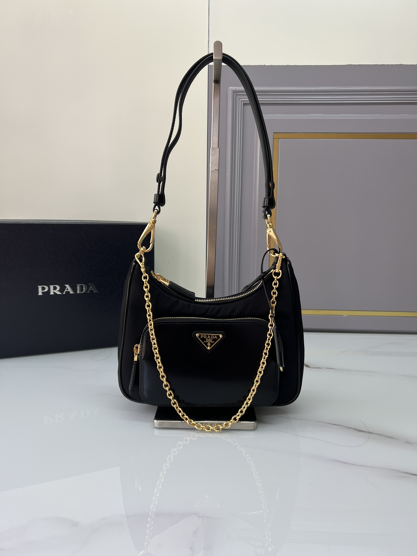 TOP PRADA Re-Edition 2000 Bags Nylon Fabric - Mini 22x19.5x6cm - Black & GHW