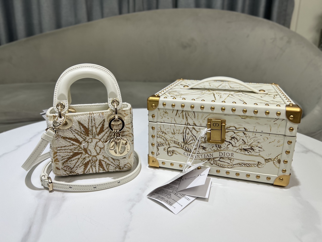 TOP Christian Dior White Calfskin Leather Lady Dior Bags+Storage Box - GHW
