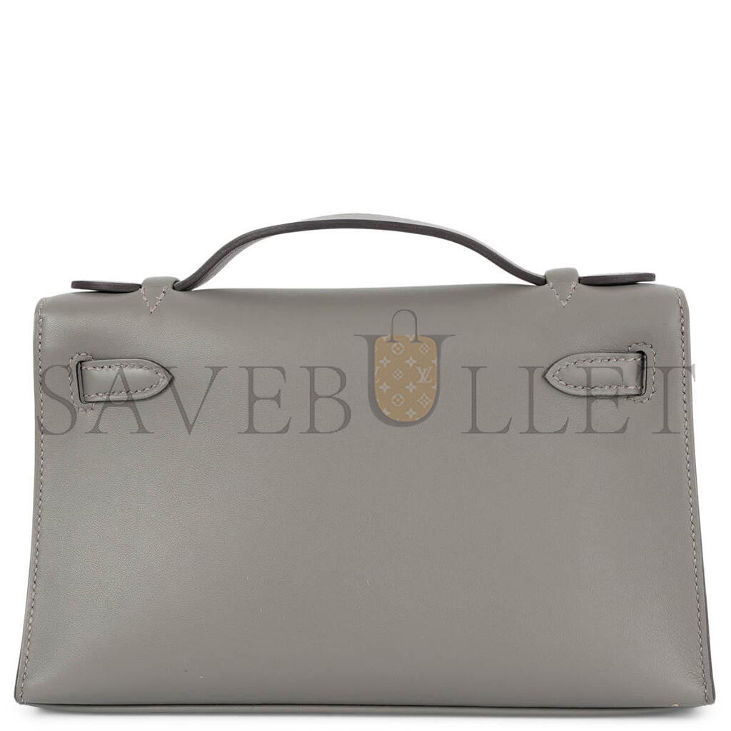 HERMÈS GRIS MEYER GRAY SWIFT LEATHER KELLY POCHETTE CLUTCH BAG W GOLD (22*14*7cm)