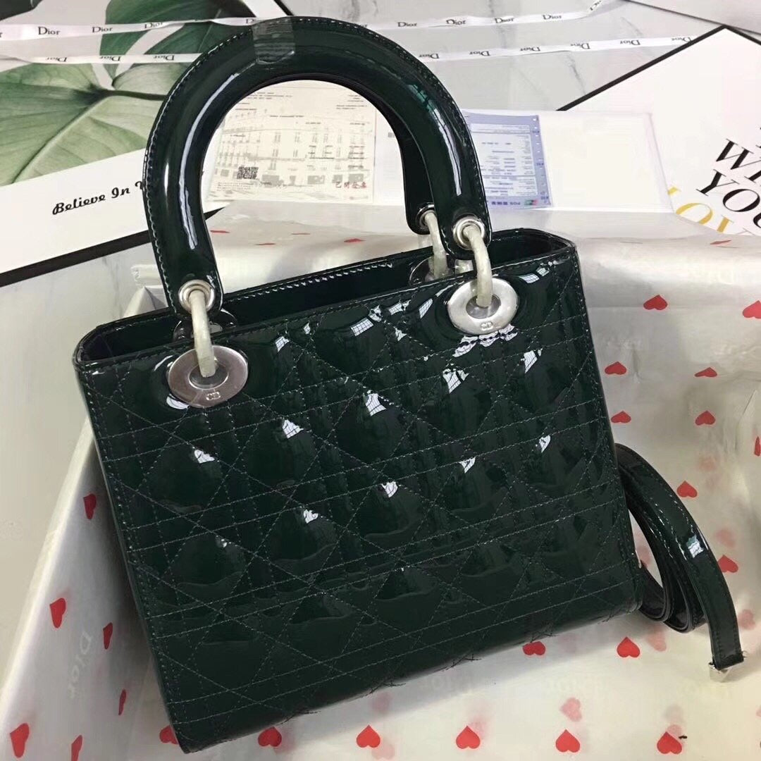 TOP Christian Dior Lady Christian Dior Bag Patent Cannage Medium - Dark Green SHW