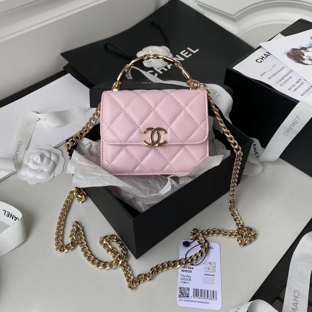 TOP CHANEL Flap Bag Lambskin Enamel Handle 9.5x13x6cm - Pink