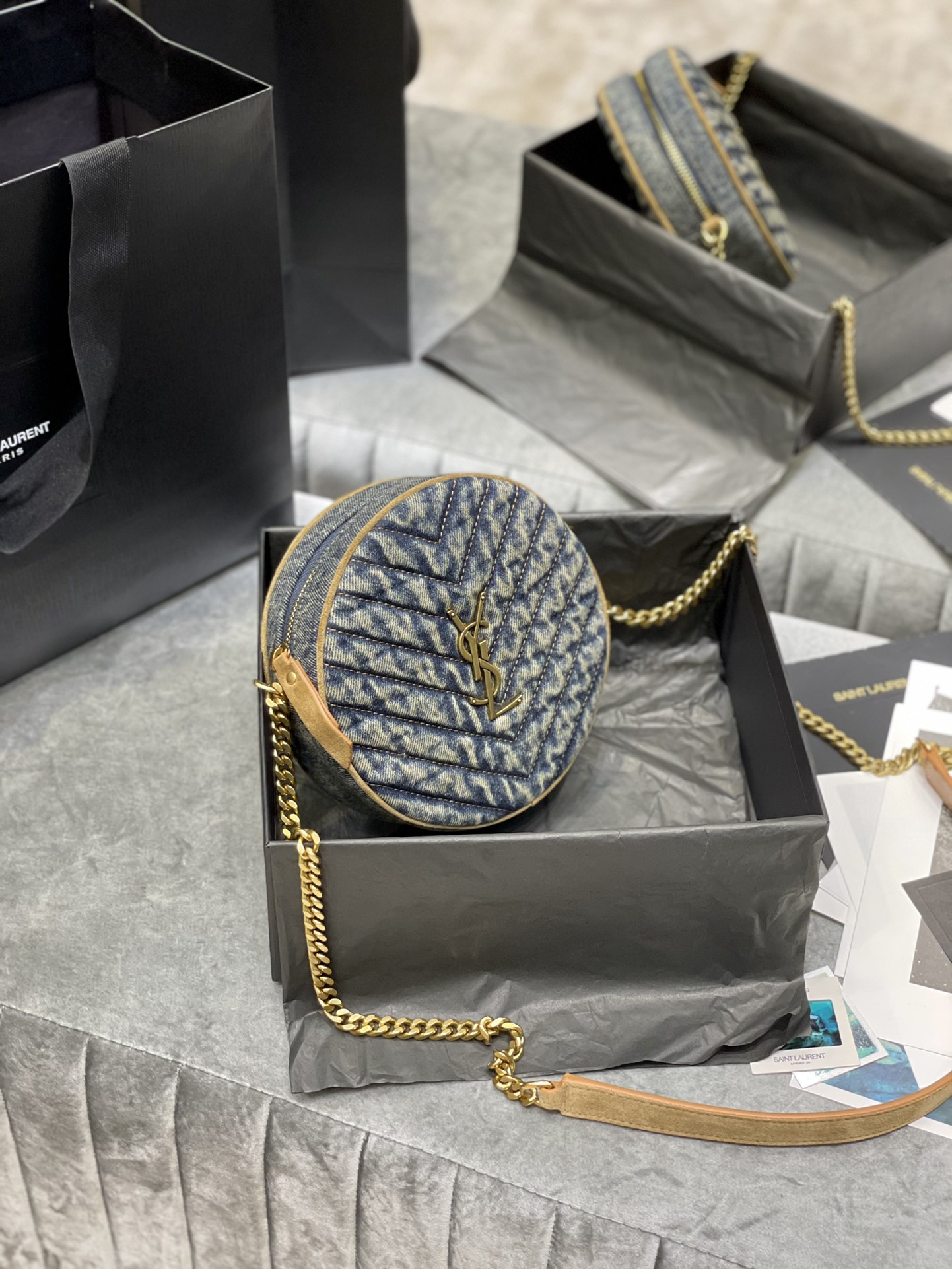 TOP Yves Saint Laurent YSL VINYLE Bag 17cm - Denim Blue - Brown Shoulder Strap
