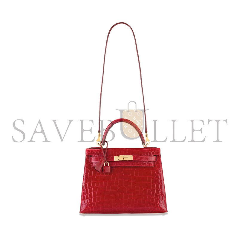HERMÈS SHINY CHINESE RED ALLIGATOR KELLY 28 WITH GOLD HARDWARE (28*22*10cm)