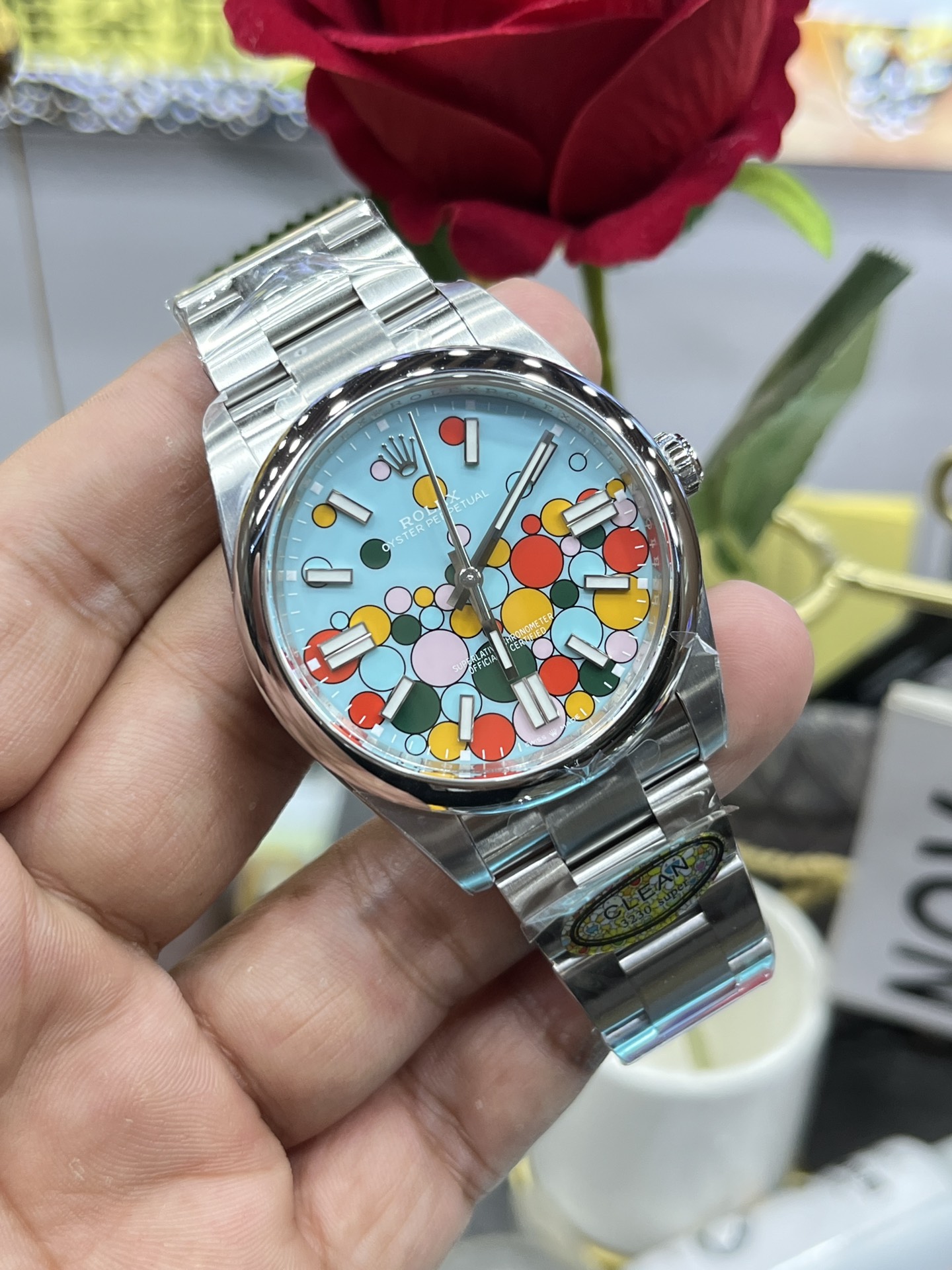 TOP ROLEX Oyster Perpetual W36mm Stainless Steel Turquise Blue/Celebration motif Dial Watch - Sliver