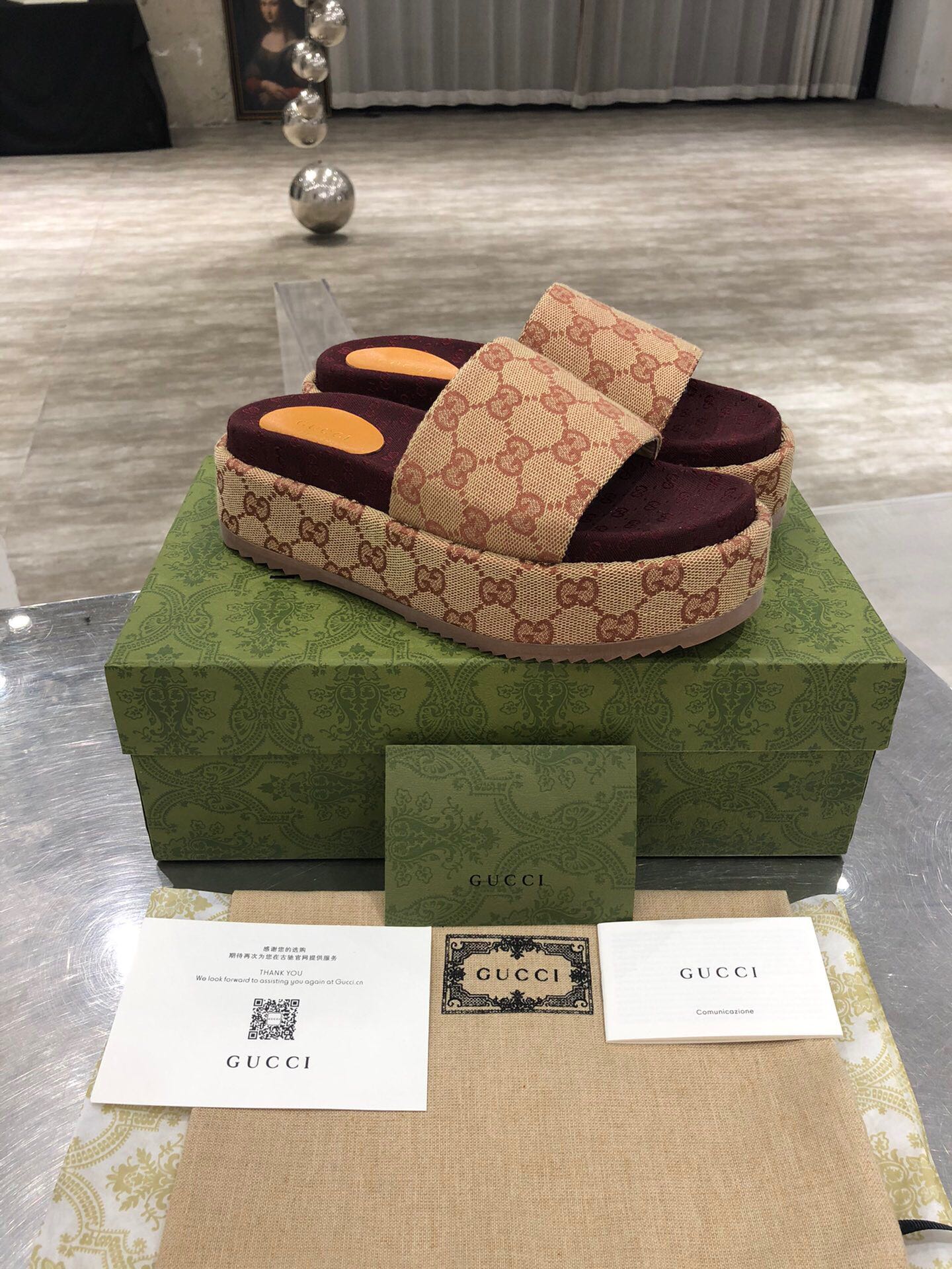 TOP GUCCI G*G Denim Sandals Platform - Burgundy