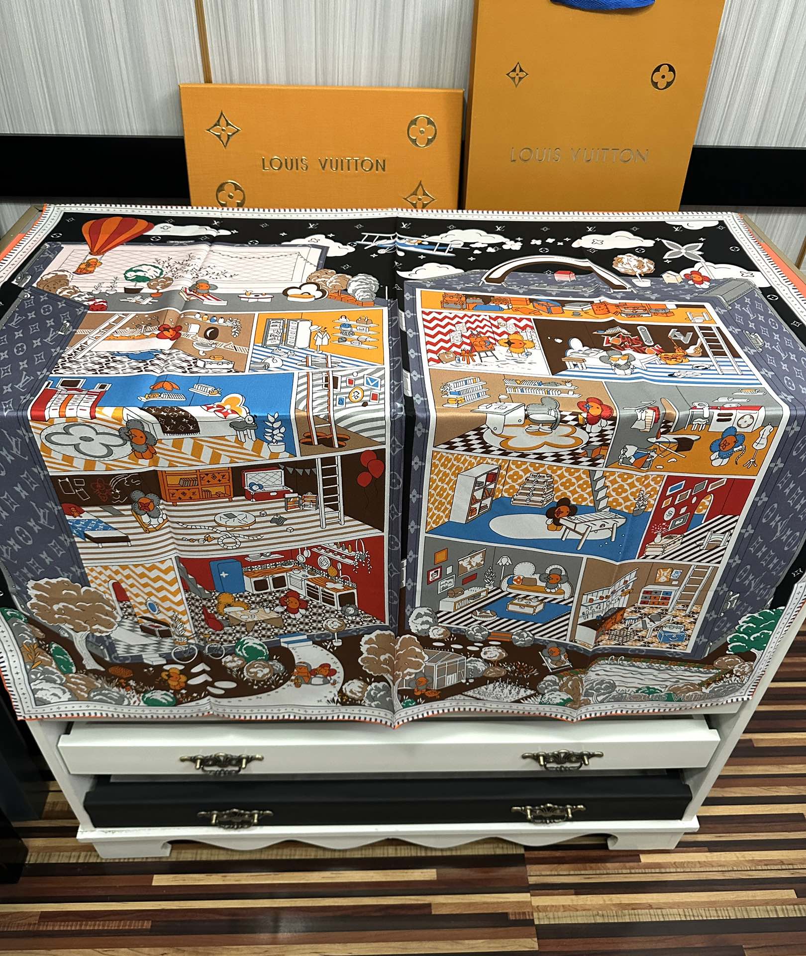 TOP Louis Vuitton LV Monogram Luggage Printed Square Scarf 90 x 90 cm - 2 Colors