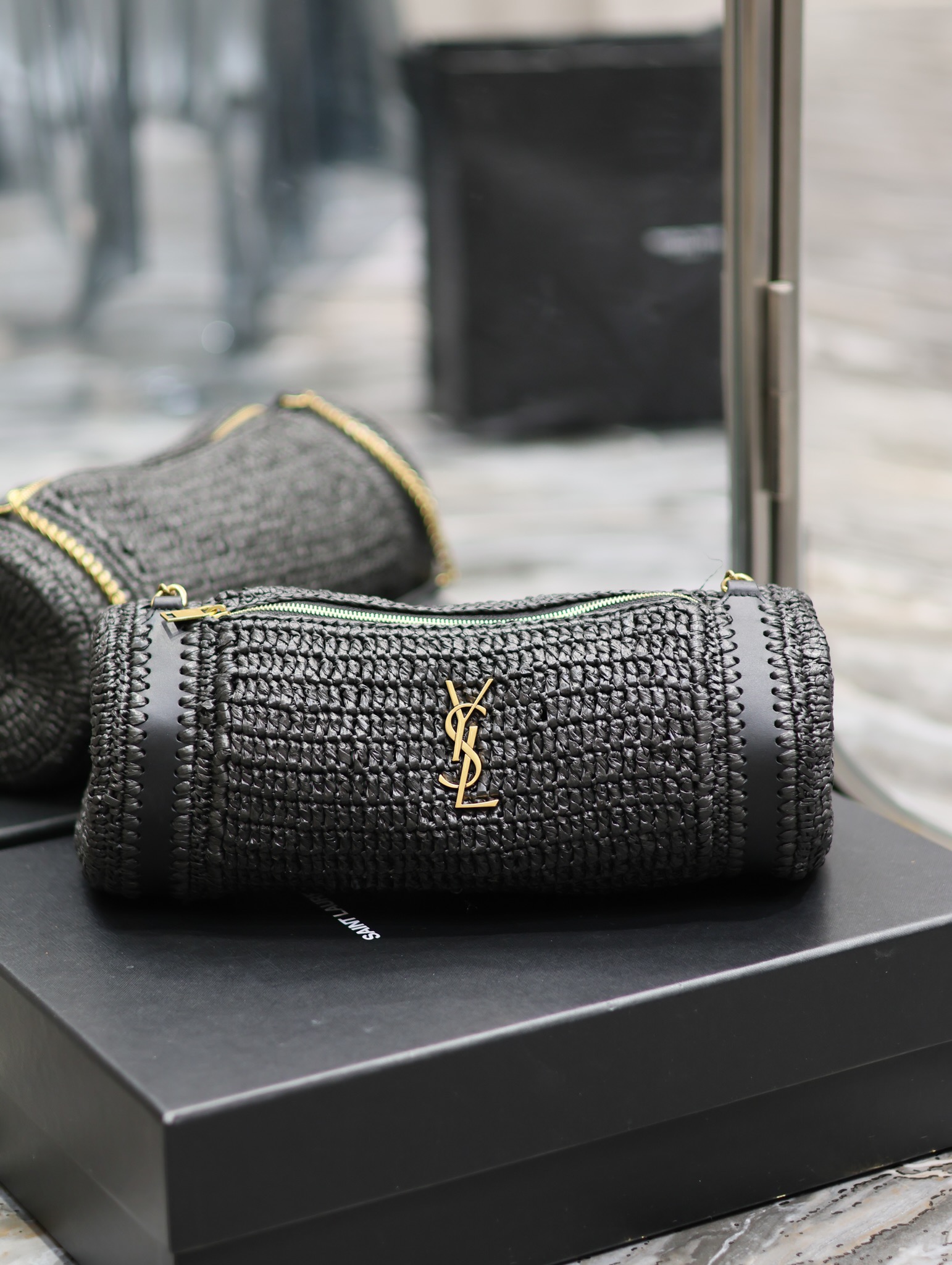 TOP Yves Saint Laurent YSL SADE_Raffia Straw Craft Cylinder Bag - Two Colors