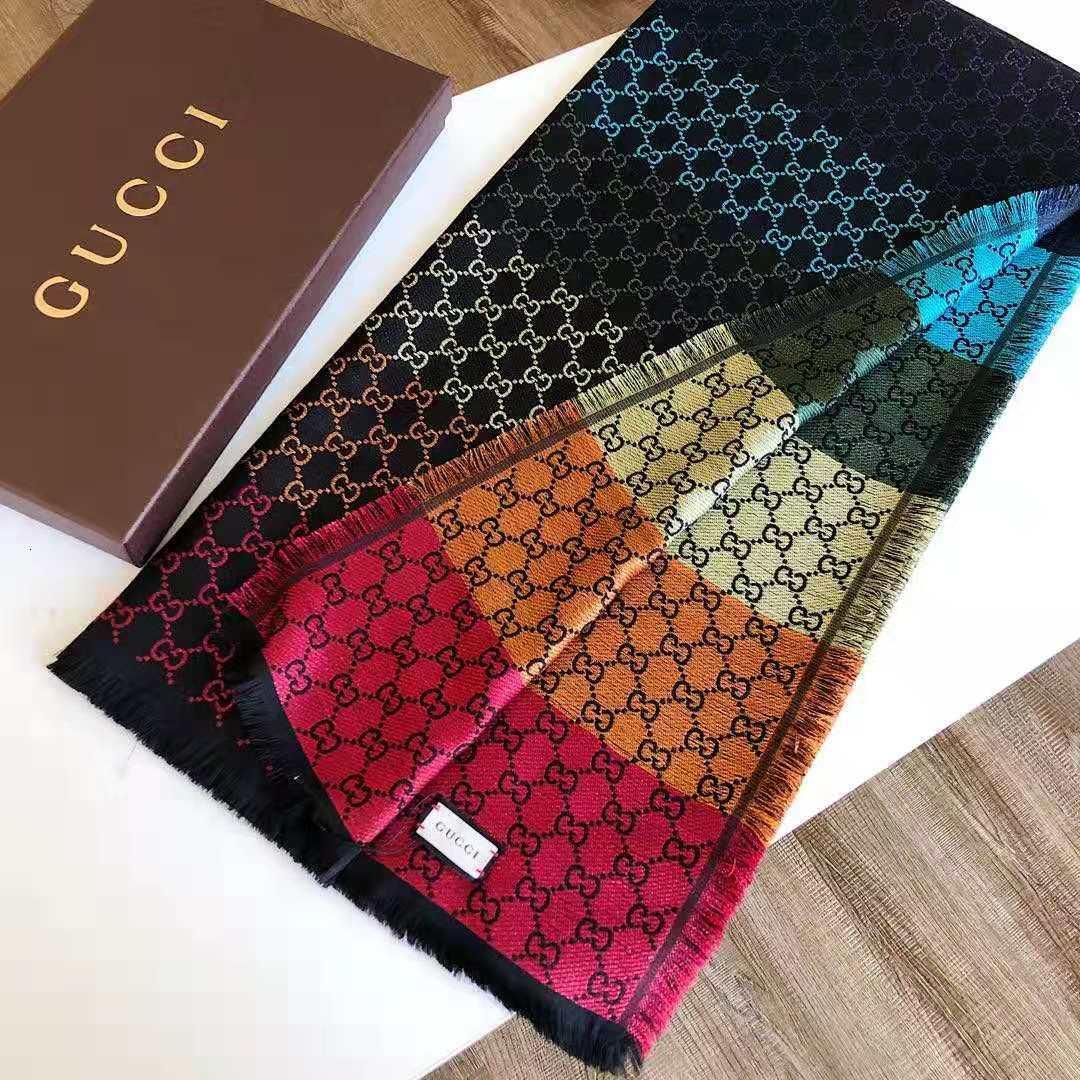 TOP GUCCI Jacquard Scarf Wool Shawl - Black Rainbow