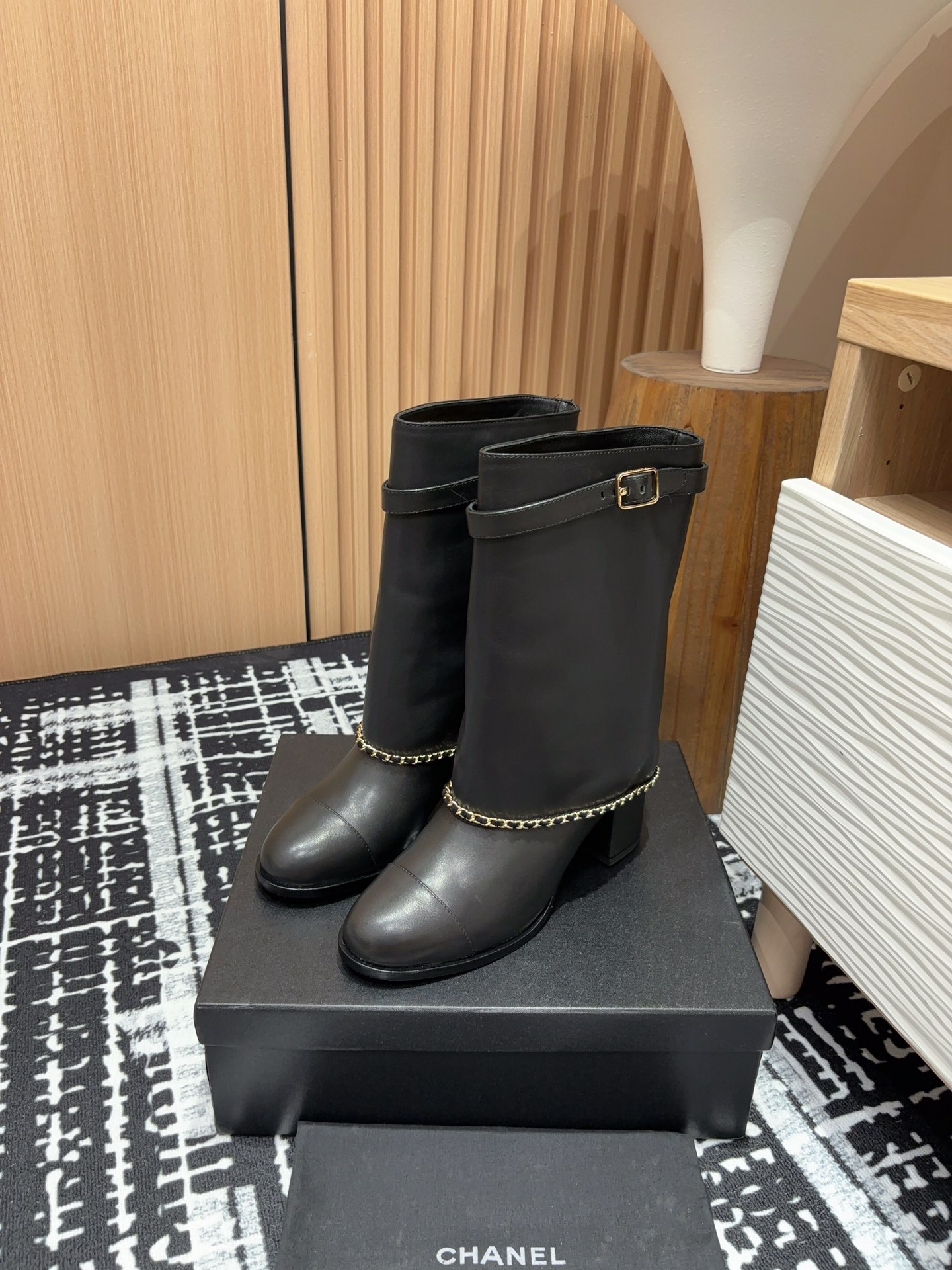 TOP CHANEL Fold-over Chain Calfskin Mid-calf Boots - Black