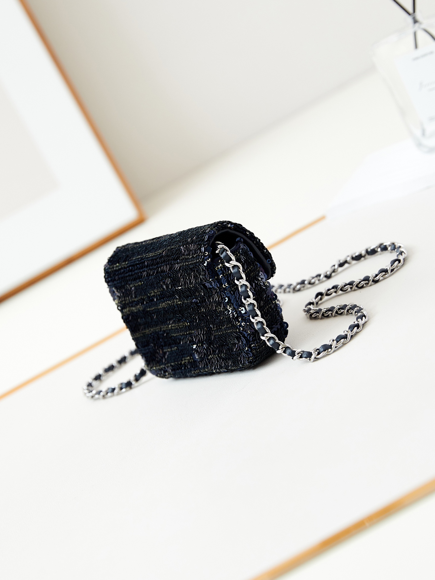 TOP CHANEL Flap Bag with Blue Letter Sequins 12cm