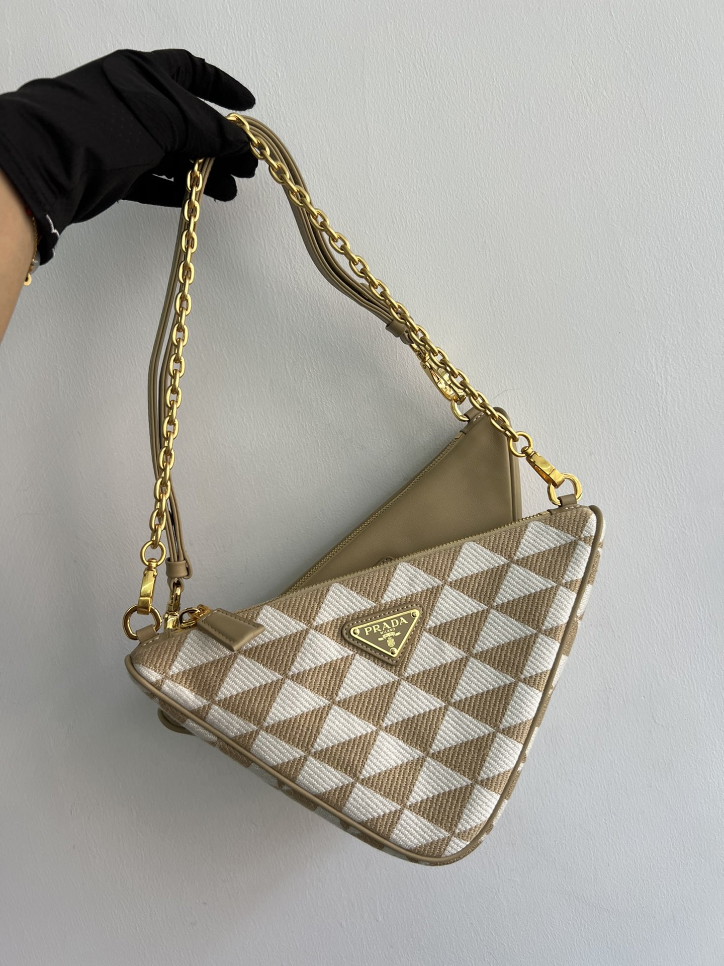 TOP PRADA Symbole 2 Triangle Bags Calfskin/Embroidered Fabric Material 23x25x5cm - 4 Color