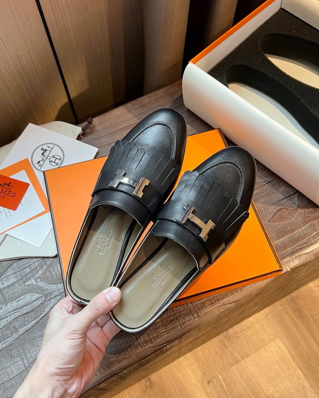 TOP HERMES Rivoli Mules - Black & SHW